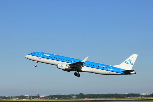 Amsterdam, the Netherlands  - August, 18th 2016: PH-EZW  KLM Cityhopper Embraer ERJ-190STD 
taking off from Polderbaan Runway Amsterdam Airport Schiphol