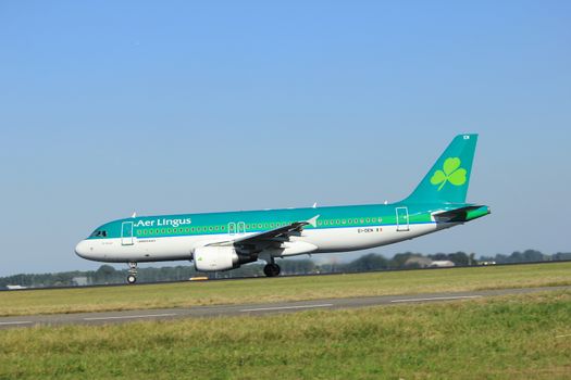 Amsterdam, the Netherlands  - August, 18th 2016: EI-DEN Aer Lingus Airbus A320-214,
taking off from Polderbaan Runway Amsterdam Airport Schiphol