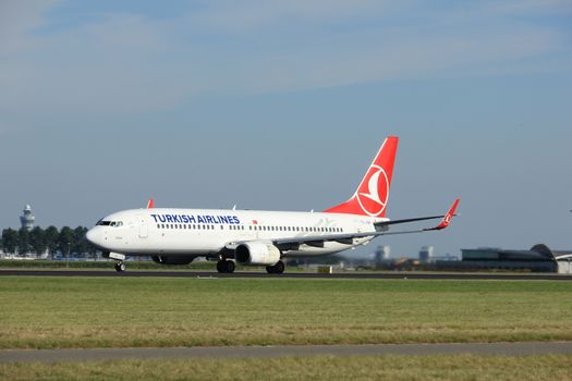 Amsterdam, the Netherlands  - August, 18th 2016: TC-JGH Turkish Airlines Boeing 737-8F2(WL)
taking off from Polderbaan Runway Amsterdam Airport Schiphol
