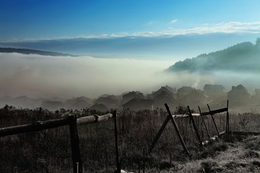 sky with fog over countryside at autumn