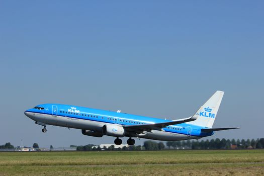 Amsterdam, the Netherlands  - August, 18th 2016: PH-BXE KLM Royal Dutch Airlines Boeing 737,
taking off from Polderbaan Runway Amsterdam Airport Schiphol