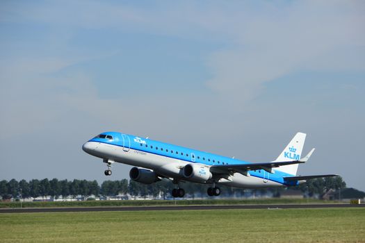 Amsterdam, the Netherlands  - August, 18th 2016: PH-EXA KLM Cityhopper Embraer ERJ-190STD 
taking off from Polderbaan Runway Amsterdam Airport Schiphol
