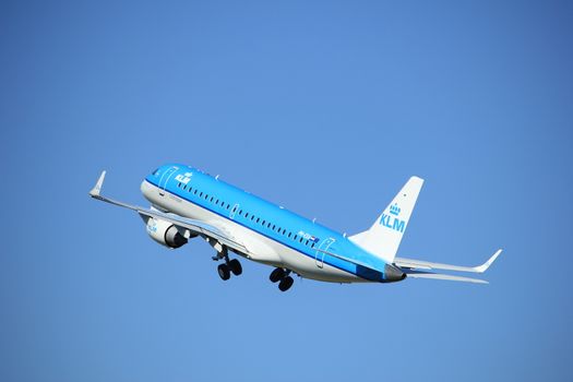 Amsterdam, the Netherlands  - August, 18th 2016: PH-EXA KLM Cityhopper Embraer ERJ-190STD 
taking off from Polderbaan Runway Amsterdam Airport Schiphol