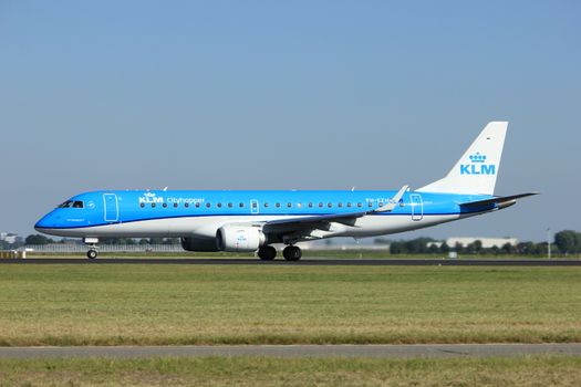 Amsterdam, the Netherlands  - August, 18th 2016: PH-EZH KLM Cityhopper Embraer ERJ-190STD 
taking off from Polderbaan Runway Amsterdam Airport Schiphol