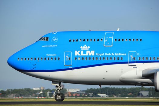 Amsterdam, the Netherlands  - August, 18th 2016: PH-BFV KLM Royal Dutch Airlines Boeing 747-406(M),
taking off from Polderbaan Runway Amsterdam Airport Schiphol