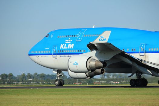 Amsterdam, the Netherlands  - August, 18th 2016: PH-BFU KLM Royal Dutch Airlines Boeing 747-406(M),
taking off from Polderbaan Runway Amsterdam Airport Schiphol