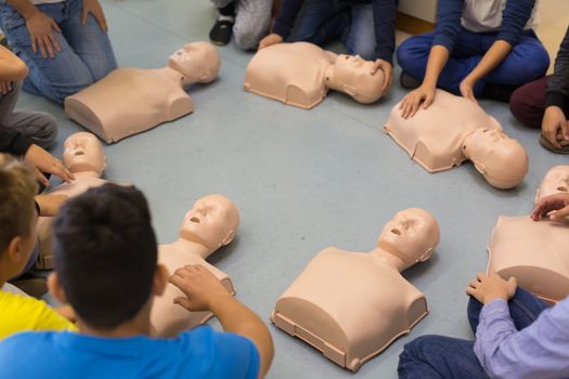 First aid cardiopulmonary resuscitation course in primary school. Kids practicing on resuscitation dolls.