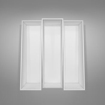 Illuminated white shelf for presentations. Gray background. 3D illustration