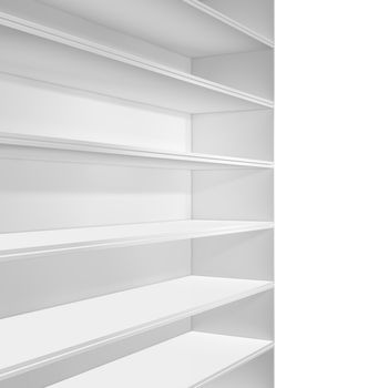 White shelf for presentations. Isolated on white background. 3D illustration