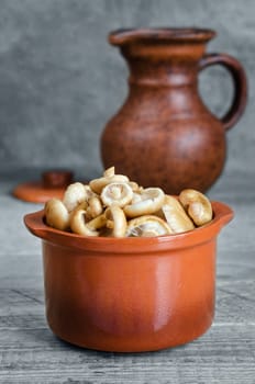 Raw washed mushrooms in a ceramic pot and a jug, on a gray background. Selective focus.