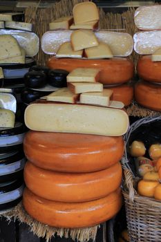 Different sorts of Dutch cheese on display in a store