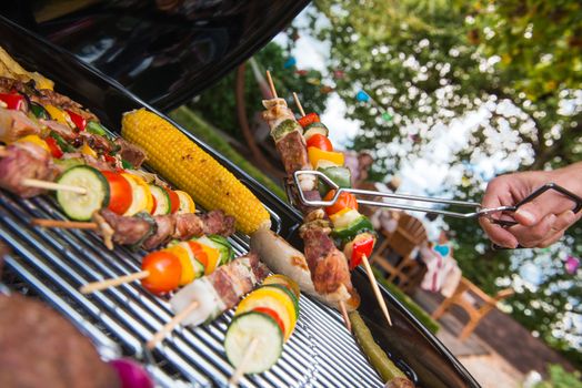 Assorted delicious grilled meat with vegetable over the coals on a barbecue