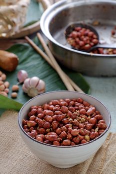 Vietnamese snack food, roasted peanut with red hot pepper, garlic, salt, make delicious eating