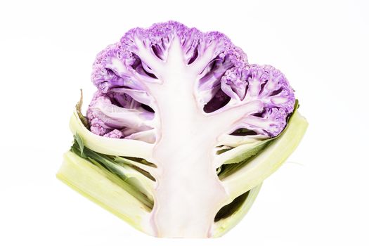 Half of pink cauliflower isolated on white background, close up