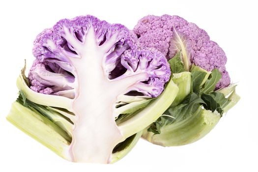 Half of pink cauliflower isolated on white background, close up