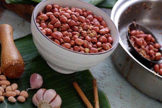 Vietnamese snack food, roasted peanut with red hot pepper, garlic, salt, make delicious eating