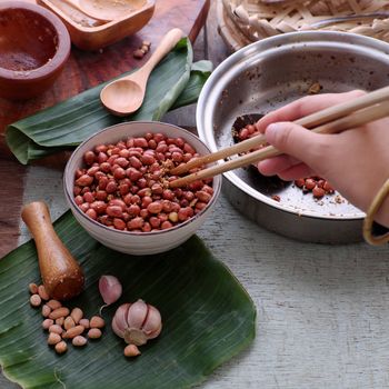 Vietnamese snack food, roasted peanut with red hot pepper, garlic, salt, make delicious eating