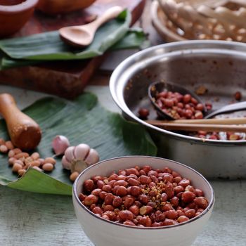 Vietnamese snack food, roasted peanut with red hot pepper, garlic, salt, make delicious eating