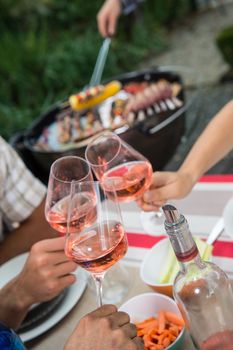 Happy friends having fun outdoors, Focus on hands toasting rose wine glass during barbecue