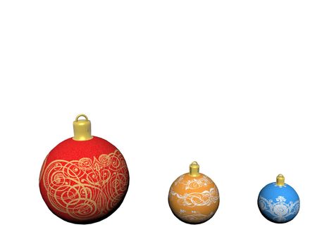 Three Christmas balls blue red yellow isolated in white background