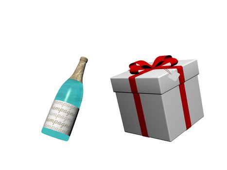 bottle of champagne and a gift isolated in white background