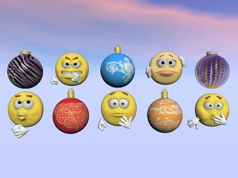 Emoticon and christmas ball isolated in sky background