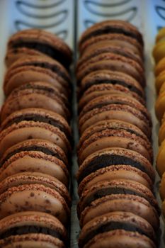 Chocolate macarons on display in a store