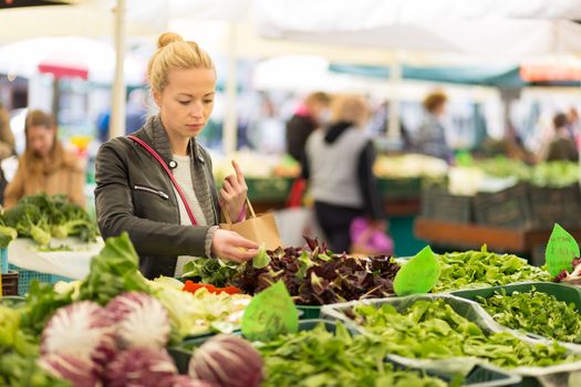 Woman buying fruits and vegetables at local food market. Market stall with variety of organic vegetable.