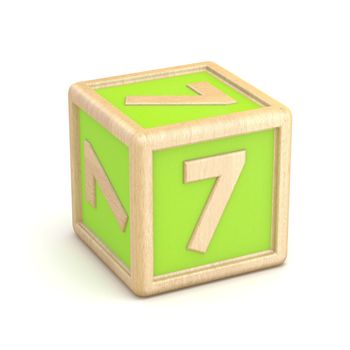 Number 7 SEVEN wooden alphabet blocks font rotated. 3D render illustration isolated on white background