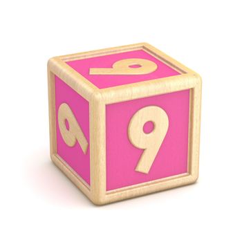 Number 9 NINE wooden alphabet blocks font rotated. 3D render illustration isolated on white background