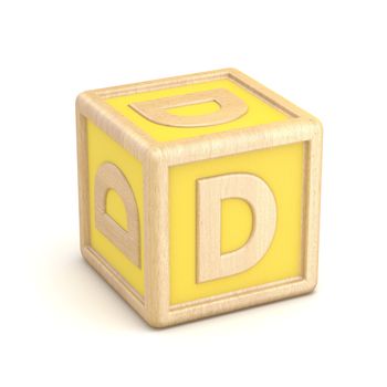 Letter D wooden alphabet blocks font rotated. 3D render illustration isolated on white background