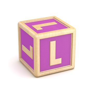 Letter L wooden alphabet blocks font rotated. 3D render illustration isolated on white background