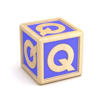 Letter Q wooden alphabet blocks font rotated. 3D render illustration isolated on white background
