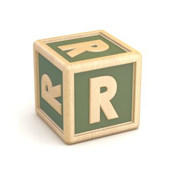 Letter R wooden alphabet blocks font rotated. 3D render illustration isolated on white background