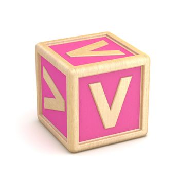 Letter V wooden alphabet blocks font rotated. 3D render illustration isolated on white background