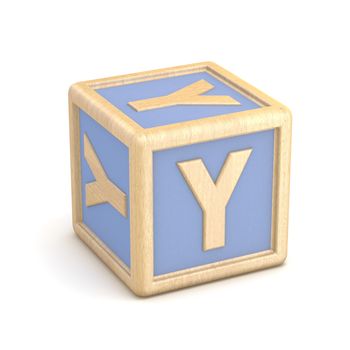 Letter Y wooden alphabet blocks font rotated. 3D render illustration isolated on white background