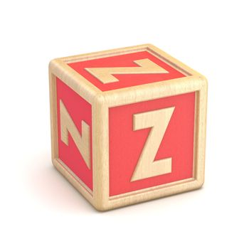 Letter Z wooden alphabet blocks font rotated. 3D render illustration isolated on white background