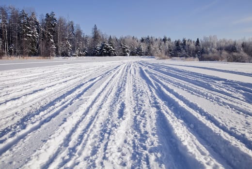 Many ski and car tracks on snow