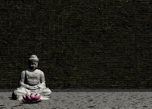 Peaceful stone Buddha in meditating posture in front of a lotus flower in a grey room - 3D render