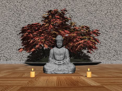 Peaceful stone Buddha in meditating posture and in front of two candles and a bonsai tree in a room - 3D render