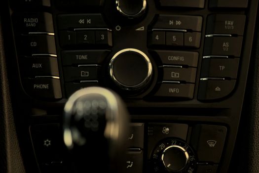 Details closeup of cockpit and dash, gearstick in modern car