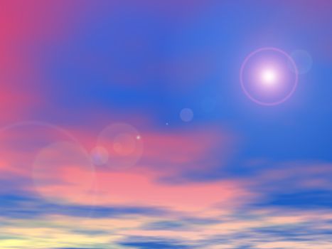 Sun shining in a colorful sunset sky background - 3D render