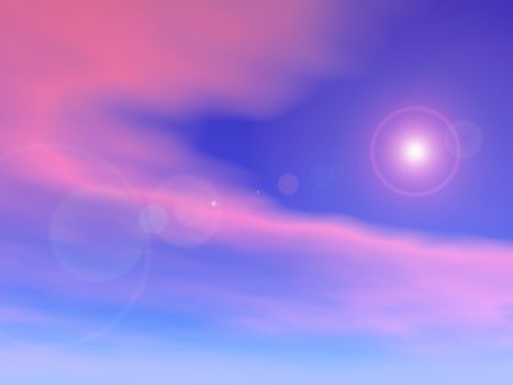 Sun shining in a colorful sunset sky background - 3D render