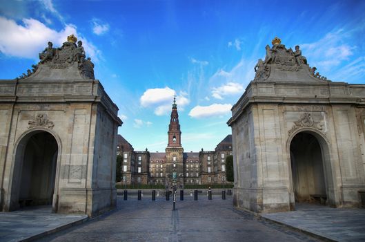 View on Christiansborg Palace from The Marble Bridge in Copenhagen, Denmark