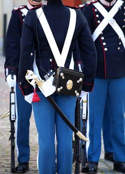 Danish Royal Life Guards on the central plaza of Amalienborg palace, home of the Danish Royal family in Copenhagen, Denmark