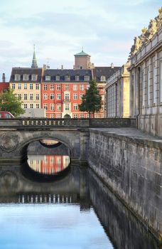 View of canal and old bridge from bridge Prinsens Bro in Copenhagen, Denmark 