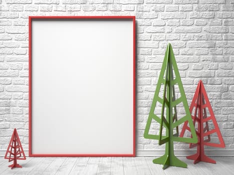 Mock-up red canvas frame, and Christmas trees. 3D render illustration on brick wall background
