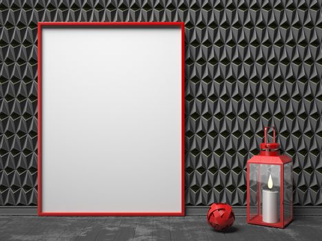 Blank picture frame and red lantern on black triangulated background. Mock up render illustration