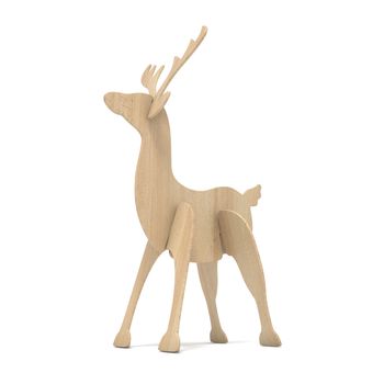 Wooden reindeer figurine. 3D render illustration isolated on white background