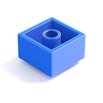 Blue plastic building block, children toy. Bottom view. 3D render illustration isolated on white background